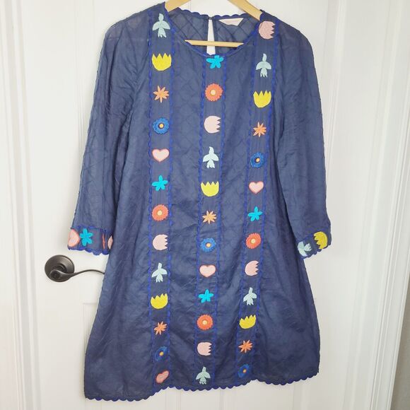 Gorman Dress Womans 10 Blue Embroidered Flower Power Shift Smock Scallopped - Picture 1 of 14